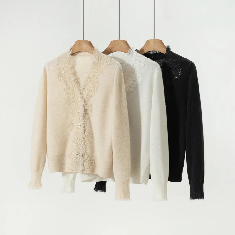 Women's V-neck Cashmere Cardigan 100% Cashmere Sweater Office Lady Lace Cardigan Spring Autumn Winter Knit Clothes Tops