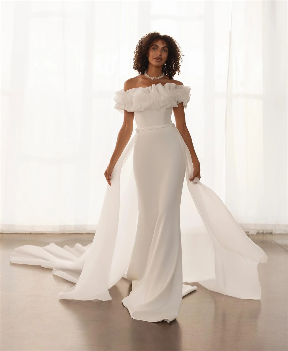 

Customized Elegant White Satin Wedding Dress Boho Boat Neck Off the Shoulder Bridal Gown Sexy Mermaid Court Train Robe de mariée