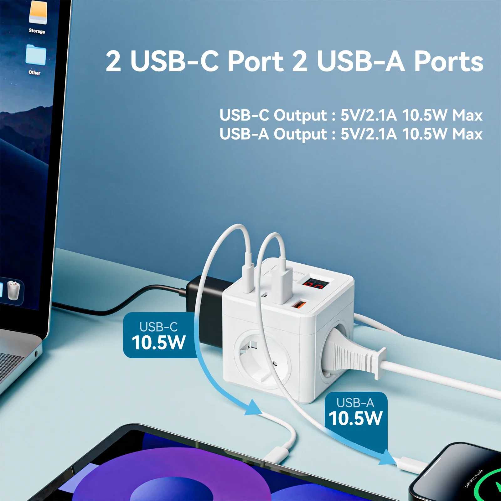 

1 7-in-1 EU power strip, power strip surge protector, 1.5m extension cord,3 AC outlets 3 USB 1 Type-C, timed off desktop chargin