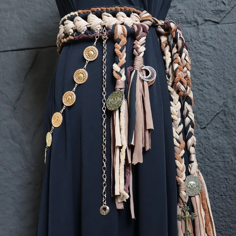 1pcs Retro Ethnic Style Women's Corset Belt Hand Woven Multicolor Tassel Belt with Metal Pendant, Bohemian Decorative Waist Belt