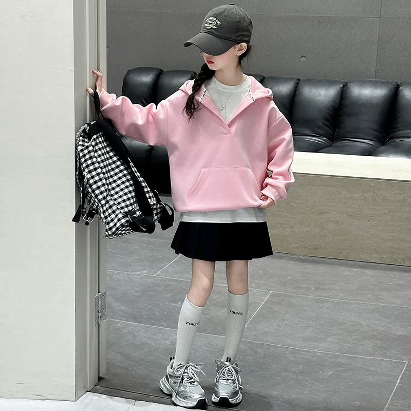 

2025 Kids Girls Autumn 3pcs Suits Solid Round Neck Undershirt+Pocket Hooded Sweatshirt+Pleated Skirt Teenager Girls Outfit