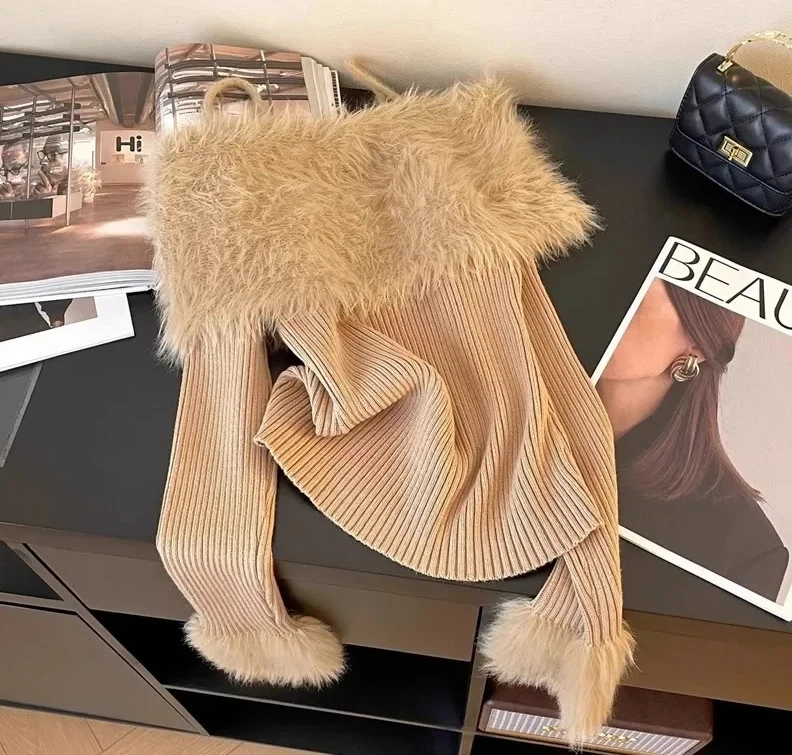 

Chic Plush One Shoulder Sleeveless Top Fashionable Korean Style Autumn Winter Gentlewoman's Shirt with Flared