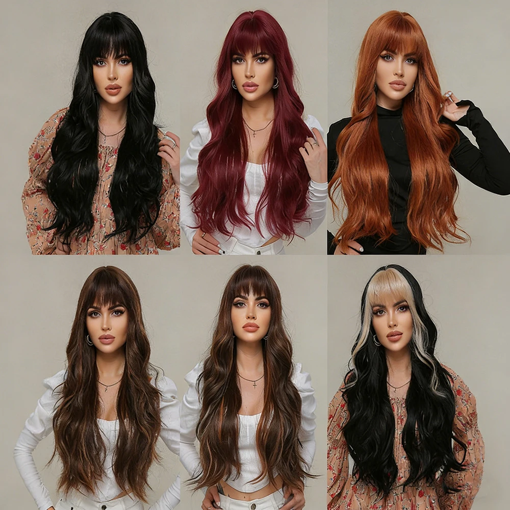 

Long Wavy Wig with Bangs High Temperature Fiber Ombre Highlight Burgundy Black Brown Blonde Silky Texture Adjustable Cap