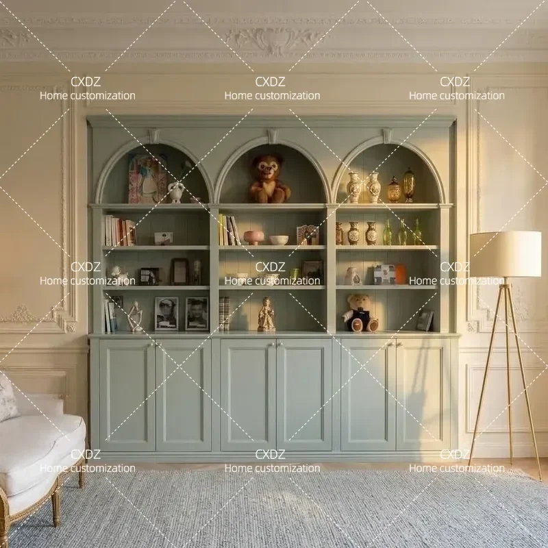 Arched Full Wall Bookcase Luxury Display Cabinet Solid Wood Living Room Storage Locker Wine Cabinet Showcase