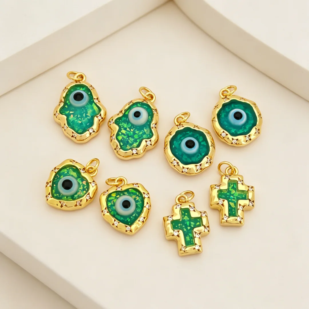 2 Pcs Pendants Brass Hamsa Hand Cross Heart Round Evil Eye Charm for DIY Jewelry Making Necklace Bracelet Handmade Accessories