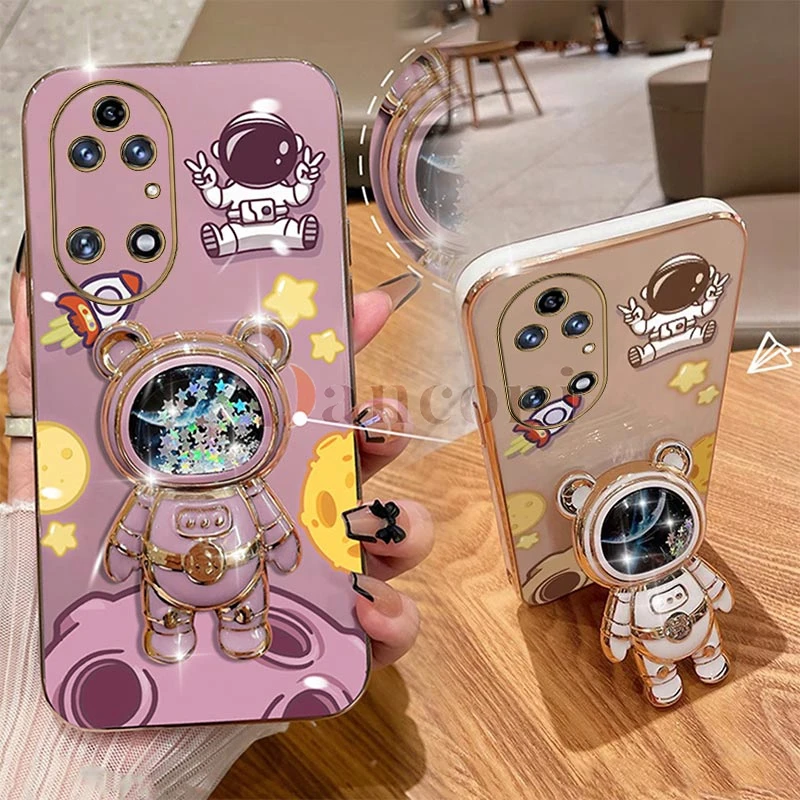 Cheering astronauts Plating Phone Holder Case For Huawei P50 P30 P40 Lite P20 Pro P50 Pro P50E P40 Nova 10 SE Mate 50 40 Cover