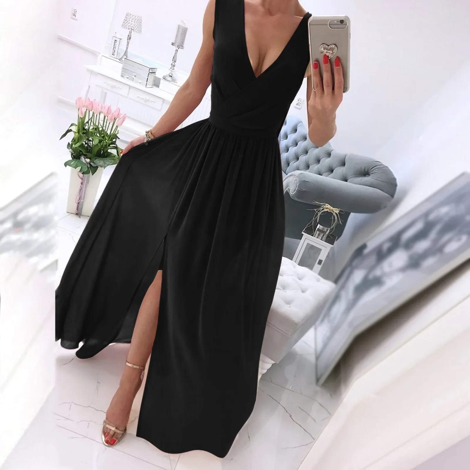 

Elegant Dress For Women Sexy Long Evening Dress V-neck Side Split Party Dresses Female Summer Ladies Fashion Casual Club Clothes