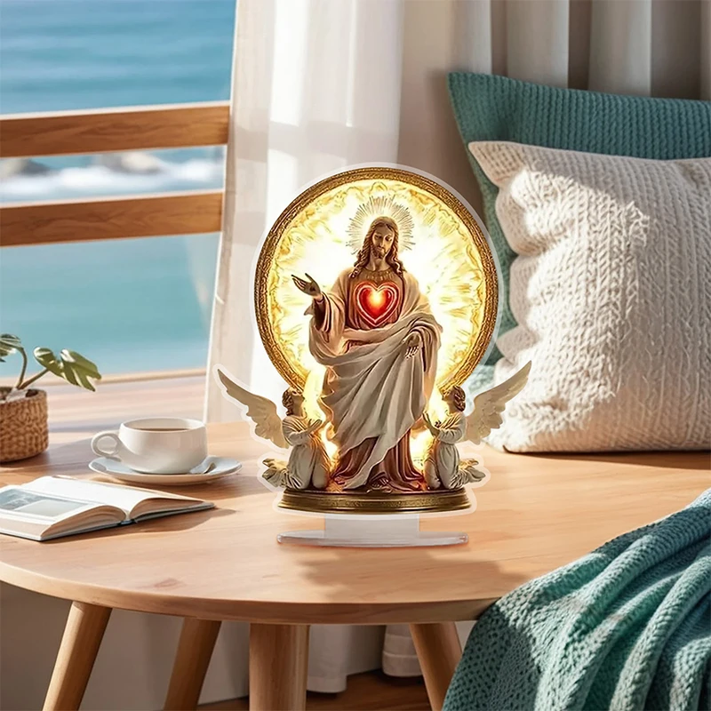 Sacred Heart Of Jesus Angel With Base Acrylic Traditional Religious Art Desktop