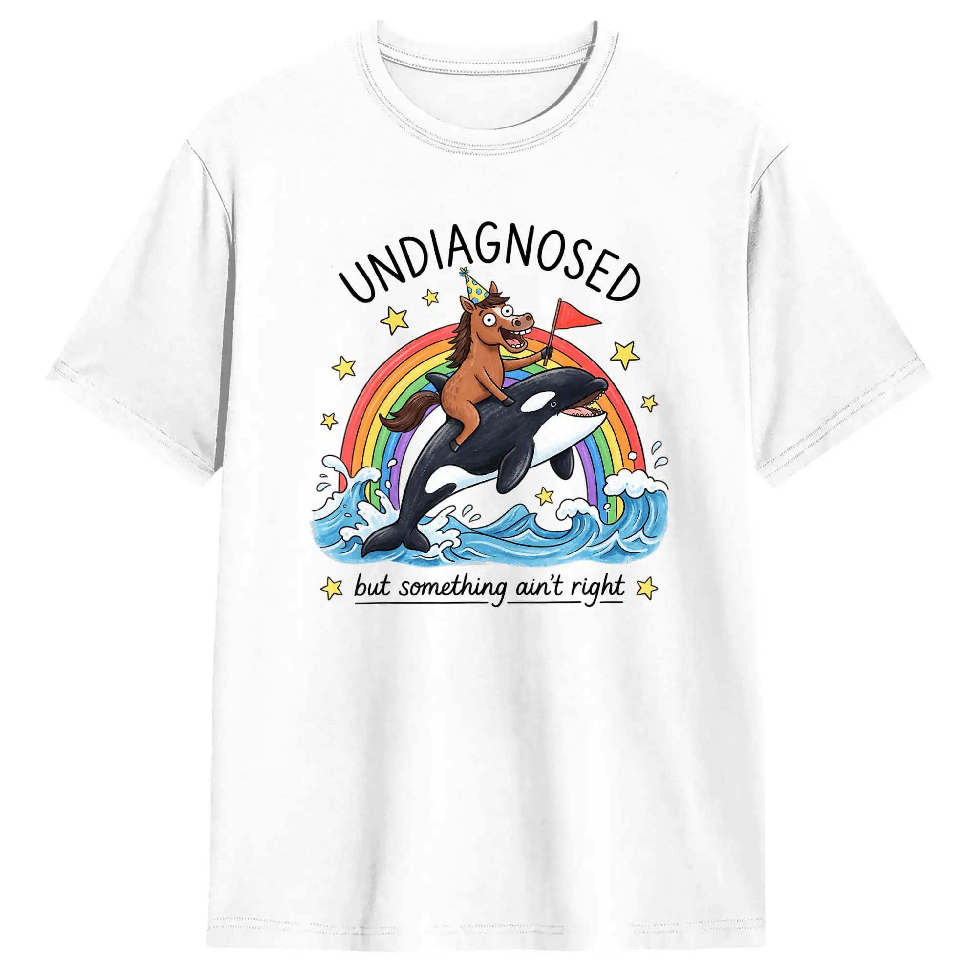 Men's Undiagnosed But Something Ain't Right Horse Riding Whale T-Shirts  Cotton Tees Summer Vintage Short-Sleeve T Shirt O-Neck