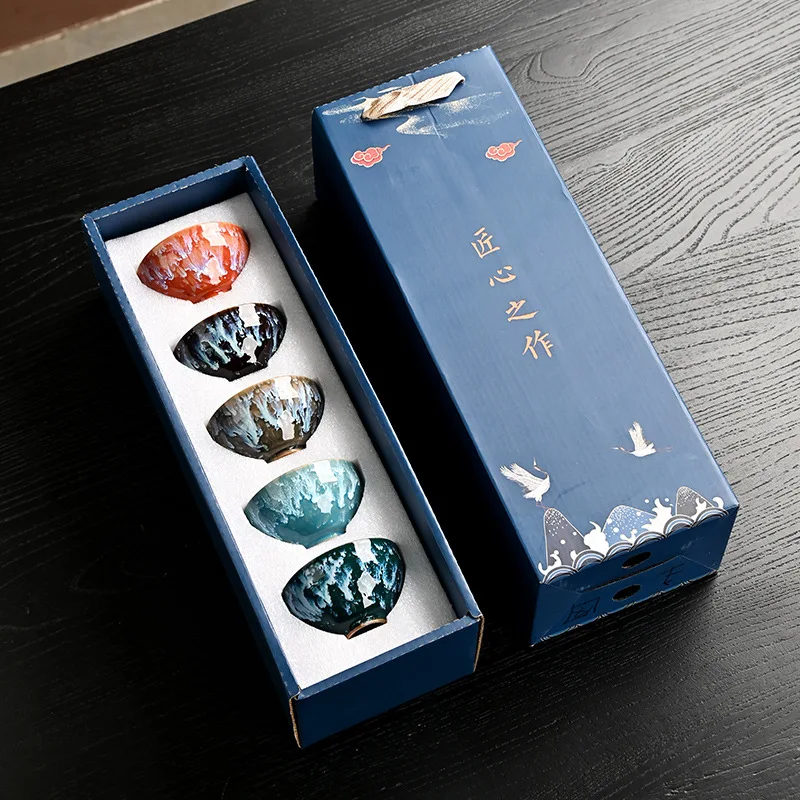 

Tianmu Kiln Transmutation Tea Cup Master's Tea Cup Ceramic Kung Fu Set Five Elements Cup Gift Handy Gift Box Set