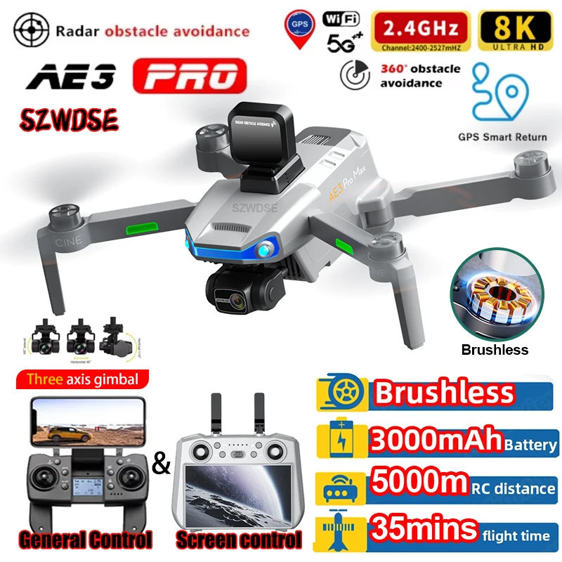 

AE3 PRO MAX GPS Digital FPV With 8K HD Camera 3-Axis EIS Gimbal Obstacle Avoidance Touchable Screen Controller Brushless Drone