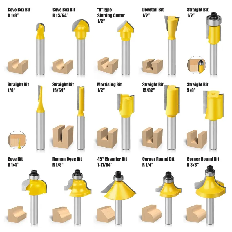 15pcs Milling Cutter Router Bit Set 1/4 8MM Shank Wood Cutter Carbide Mill Woodworking Trimming Engraving Carving Cutting Tools