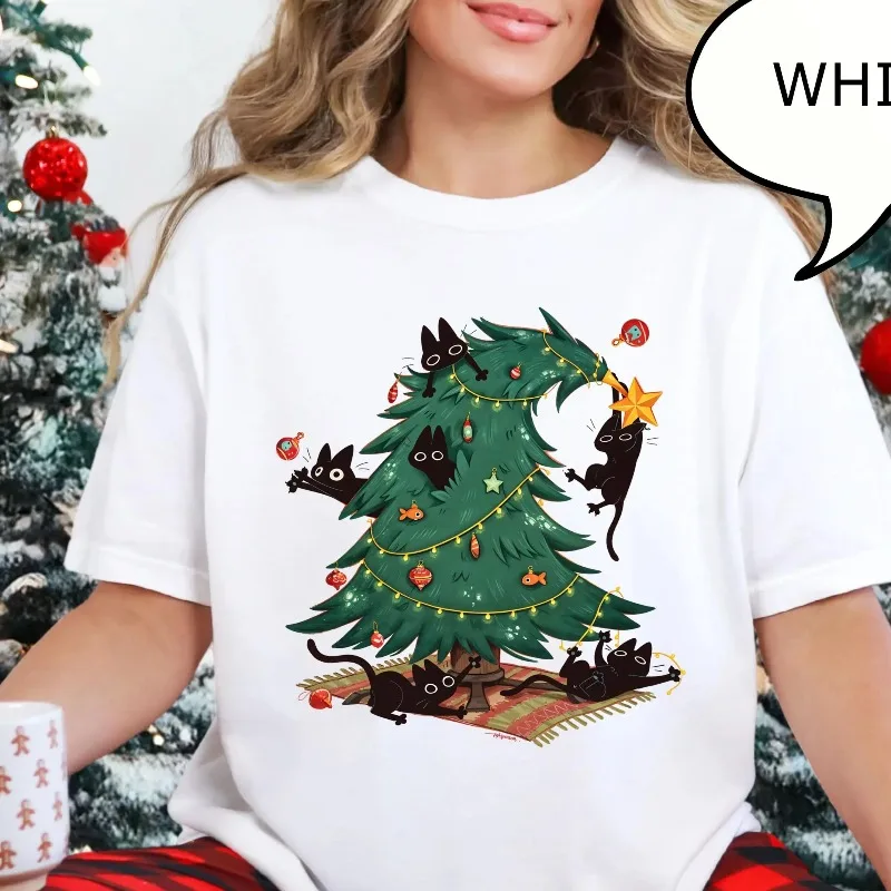 

Женская винтажная футболка с рождественской елкой и котом в стиле ретро, мужская винтажная футболка большого размера унисекс, хлопковая уличная одежда, свободный топ с коротким рукавом