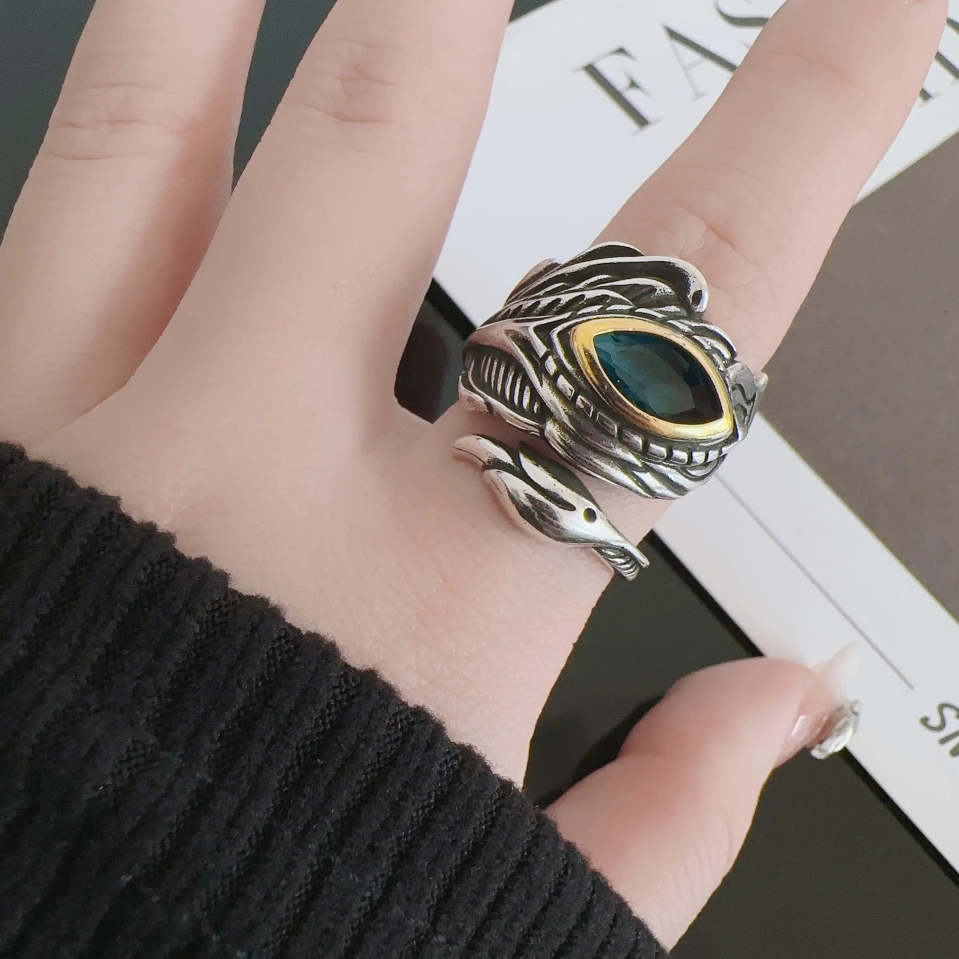 Retro Golden Wing Garuda Chinese Mythology Dapeng Ring For Men Punk Gothic Adjustable Open Ring Feather Accessories Jewelry Gift