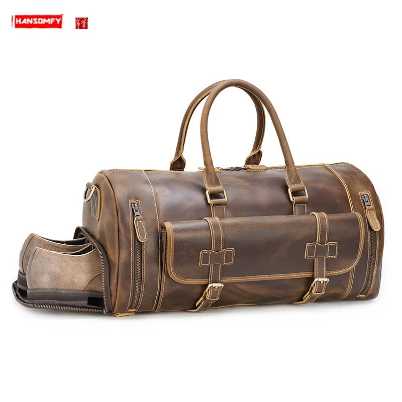 Bolsa de viagem masculina de couro retrô europeu e americano, bolsa de mão de grande capacidade, sapatos de academia, bolsa de bagagem de mão de couro de cavalo louco