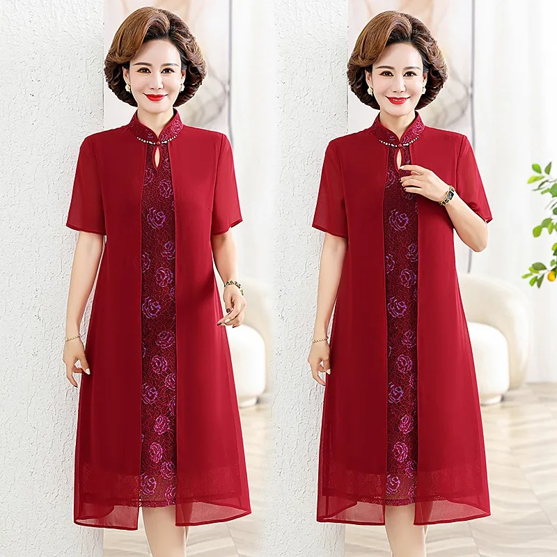 Noble chiffon Middle-aged elderly summer dresses women vintage Cheongsam dress slim female High quality dress lace dresses