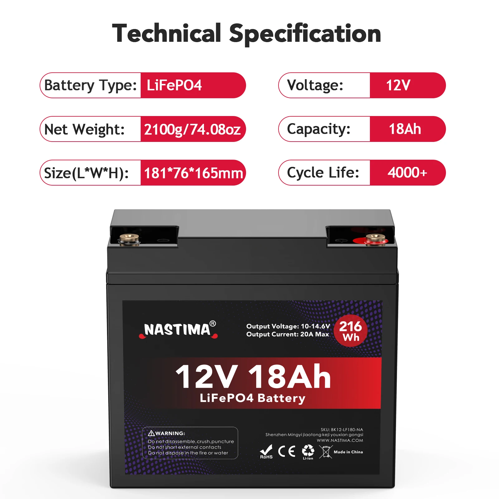 Nastima LiFePO4 Battery 12V 18Ah Rechargeable Batteries Pack 4000+deep cycles for Solar panels children's toy vehicles Motorhome