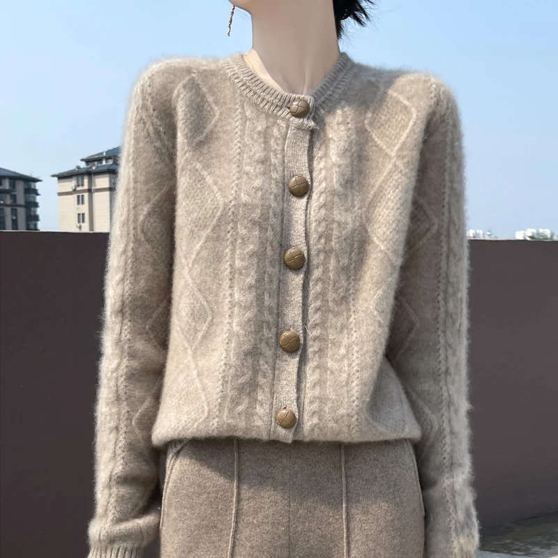 Autumn and Winter New Cashmere Sweater 100% Wool Women\'s Round Neck Knitted Cardigan Thickened Warm Long Sleeve Clothing Tops