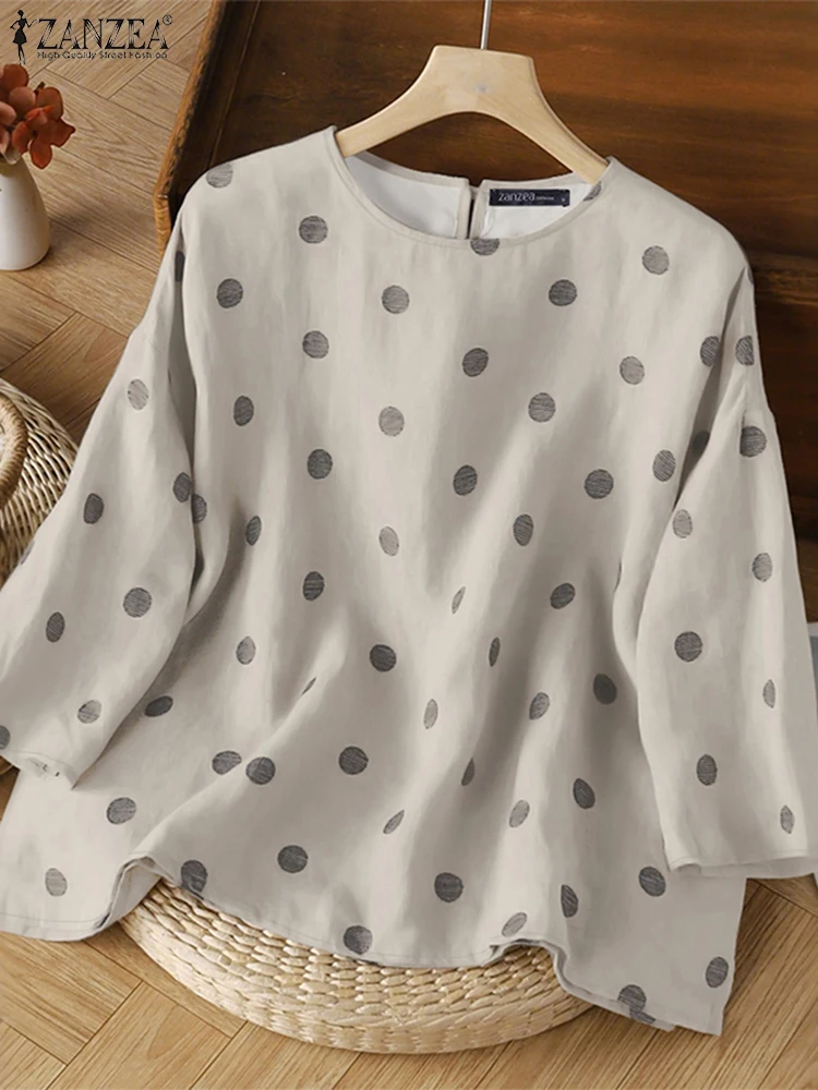

ZANZEA Womens Polka Dots Blouses 2025 Summer Casual O-Neck 3/4 Sleeve Blusas de Mujer Woman Day Wear Lightweight Tunic Tops