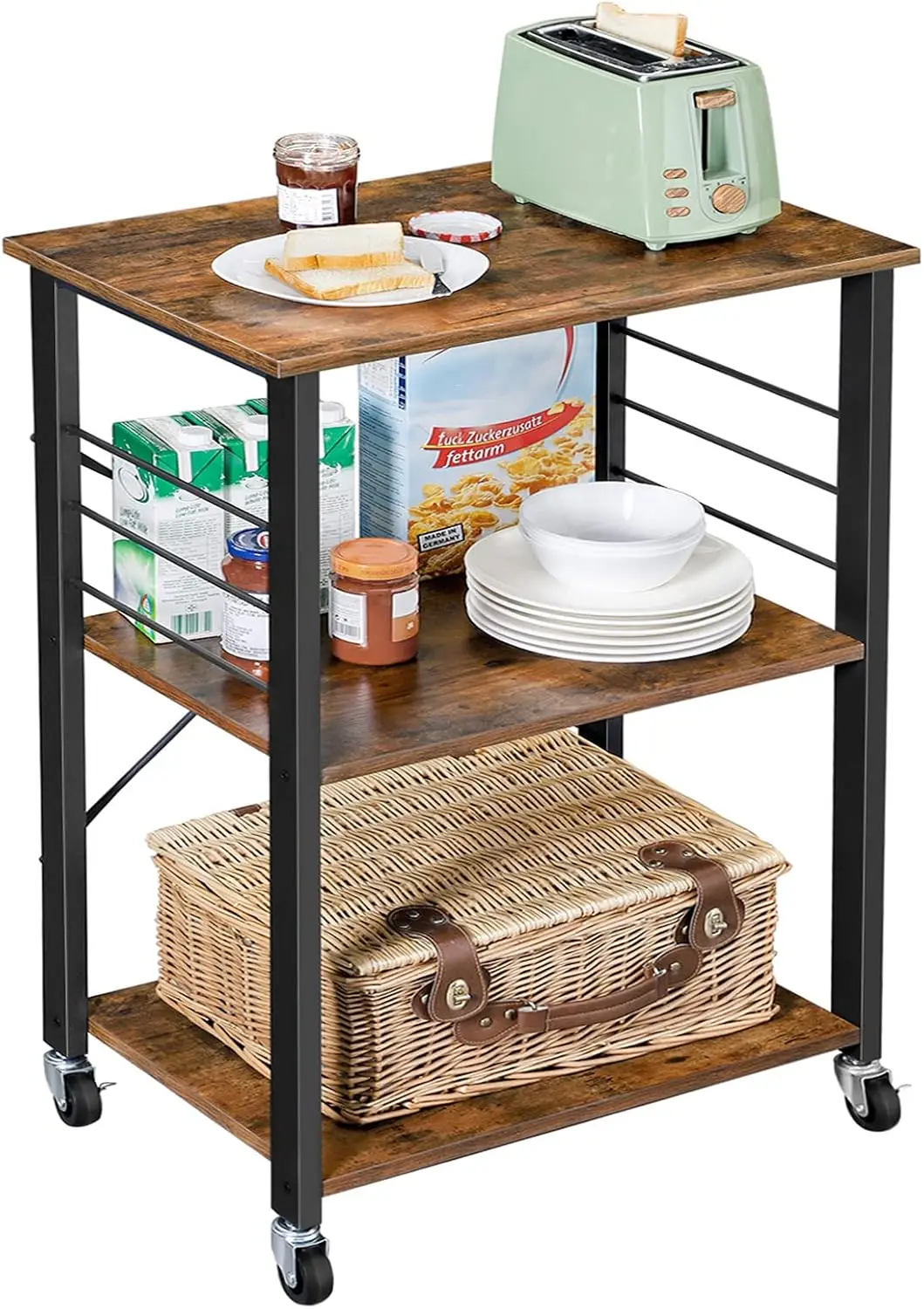 

3-Tier Rolling Kitchen Cart with Wheels, 23.6 Inches, Industrial Style in Rustic Brown and Black