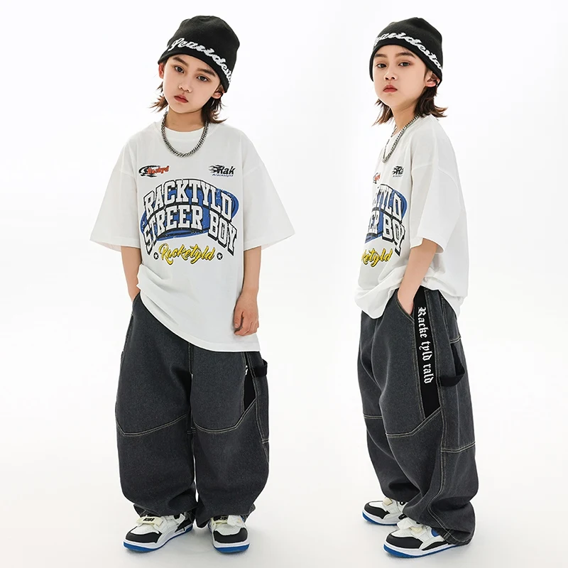 

Kids Hip Hop Dance Clothes Boys Summer Short Sleeves Street Wear White Tops Baggy Denim Pants Girls Jazz Dance Costume BL15977