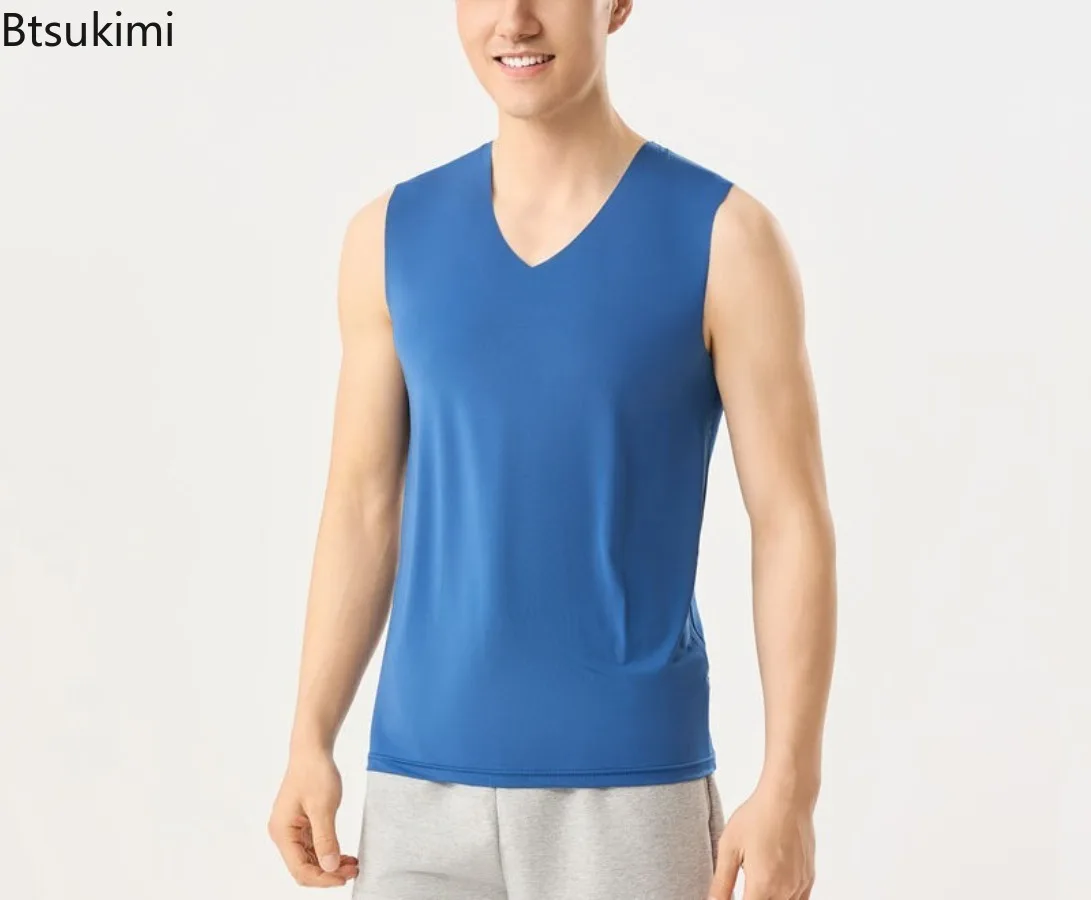 

2025 Men's Vests Summer Ice Silk V Neck Sleeveless Solid Color Slim Seamless Fitness Tank Tops Breathable Quick Drying Underwear