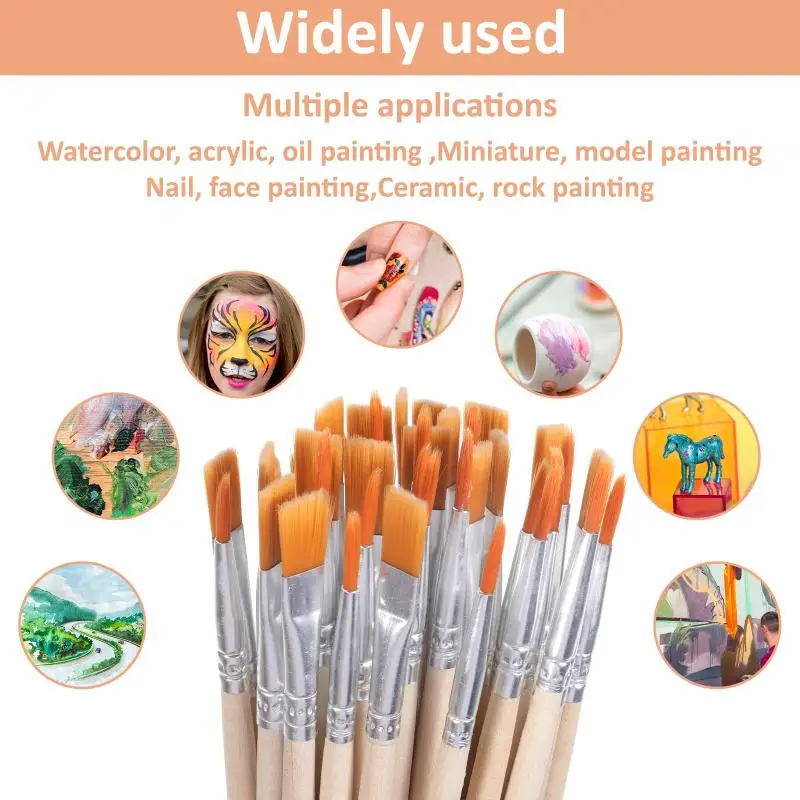 20/50/100Pcs Nylon Hair Paint Brushes Set Wood Handle Round Flat Brushes For Artist Acrylic Watercolor Painting