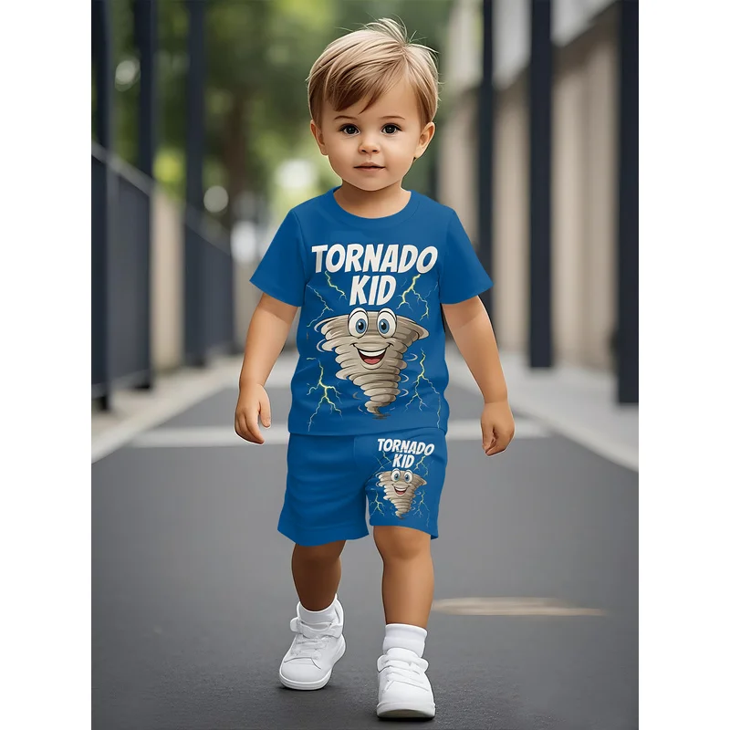 Cartoon Tornado Boy Round Neck T-Shirt 100% Polyester Fiber 3D Digital Printing Suitable For Summer Baby Set
