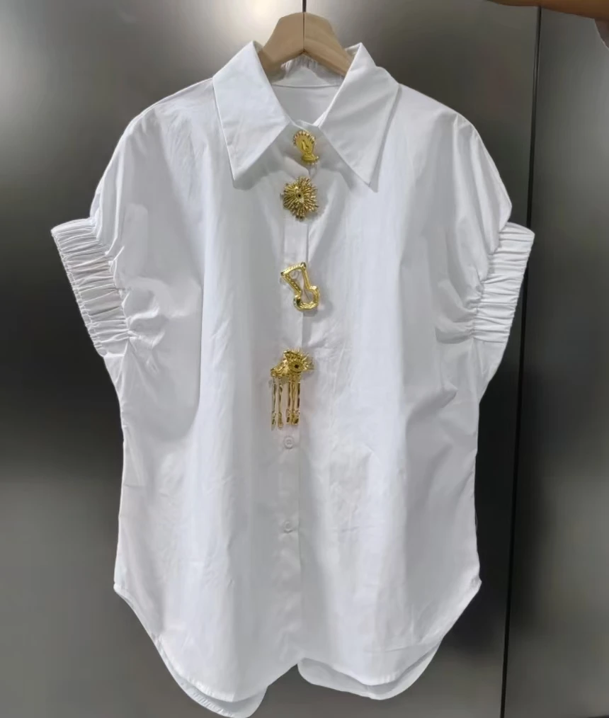 Luxury Design Removable Sequins Blouses Shirts Women 2026 Summer Trend Short Sleeve Black White Tops for Women рубашка женская