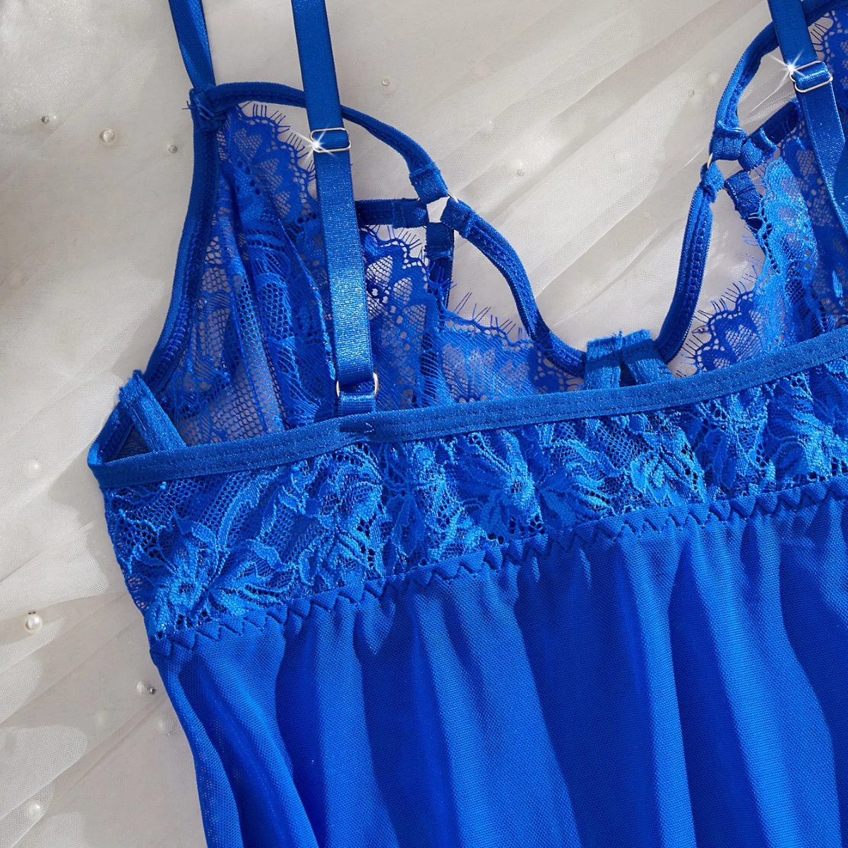 Modisches und sexy Camisole-Nachthemd, durchsichtiger Tanga aus exquisiter Spitze, erotischer Pyjama, Heimkleidung, blau