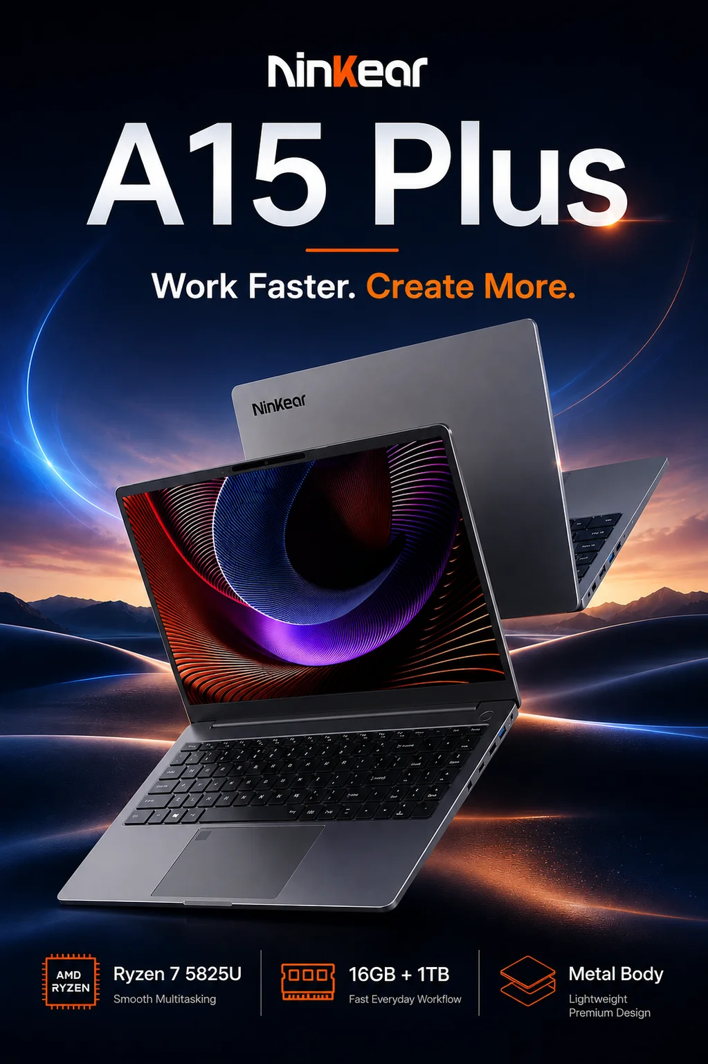 Portátil Ninkear A15 Plus de 15.6 pulgadas FHD IPS AMD Ryzen 7 5825U, 16 GB de RAM, 1 TB SSD, desbloqueo por huella dactilar, teclado retroiluminado, WiFi 6, USB-C PD, carga rápida de 65 W, Windows 11, portátil de metal, enchufe europeo
