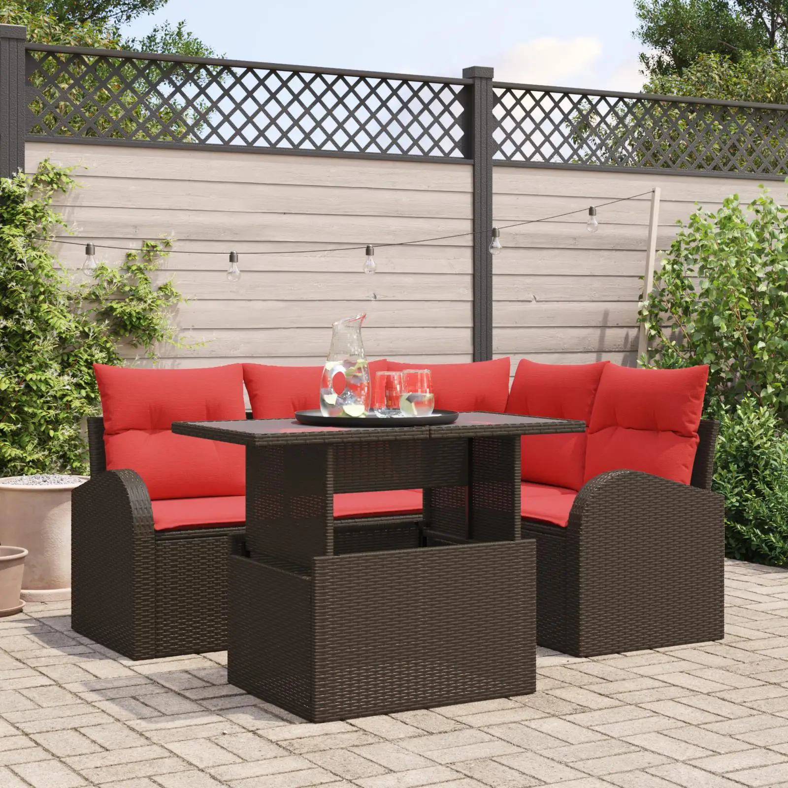 

5 Piece Brown Poly Rattan Garden Sofa Set with Cushions Outdoor Furniture Comfortable Seating for Patio Balcony Yard