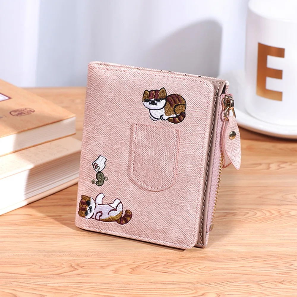 Koreaanse stijl geborduurde kat portemonnee portemonnee korte clutch muntzakje rits multifunctionele PU lederen kaarthouder kaart opbergtas