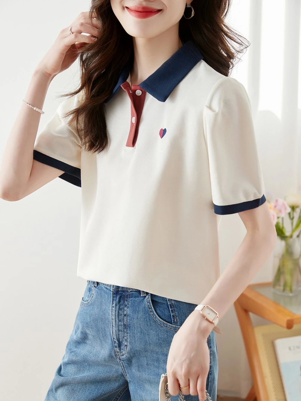 Short Sleeve Lapel Button T-shirts Love Embroidery Contrast Color Female Tee Summer Outfit Y2k Fashion Basic Women's Polo Shirts