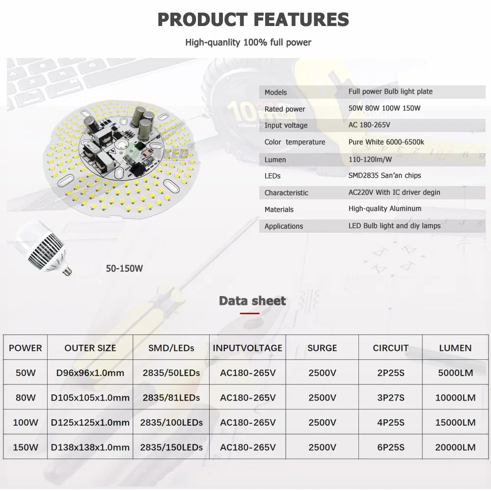 AC220V LED DOB Light PCB Plate 50W 80W 100W 150W IC Driver No Flicker Lighting Source Panel For High Power Bulb Lamp Replace DIY