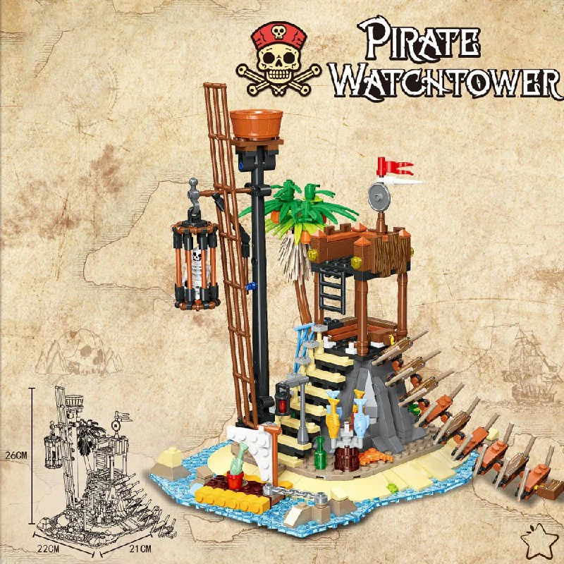MOC-casa pirata creativa, bloques de construcción, calavera, centavos negros, torre de reloj, modelo de ladrillos, juguetes con figuras, rompecabezas DIY, regalo
