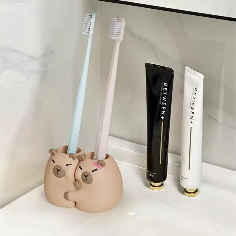 

2Pcs/Set Capybara Toothbrush Holder Creative Cartoon Base Frame For Couple ToothBrush Shelf Storage Rack Bathroom Toiletries