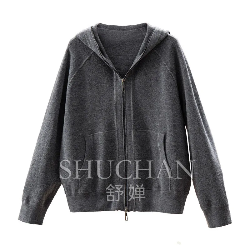 Light Luxury and Streamlined, 48 Worsted 100% Wool 570g Four Flat Needle Hooded Sweater Jacket Women 47E8