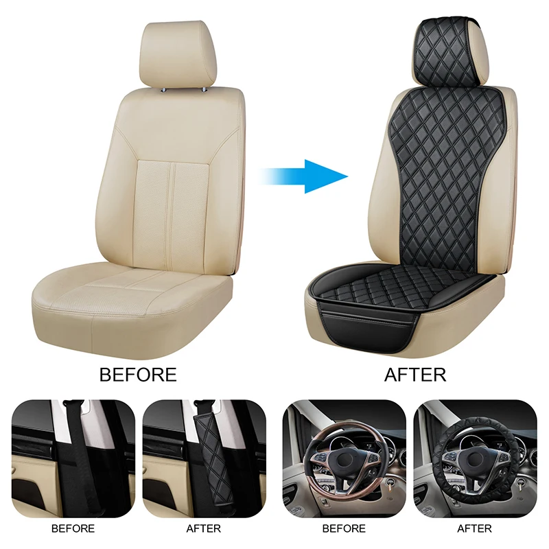 3pcs Set PU Leather Car Seat Cover Universal Anti-slip Seat Cushion Auto Interior Protector Steering Wheel Shoulder Pad Cover
