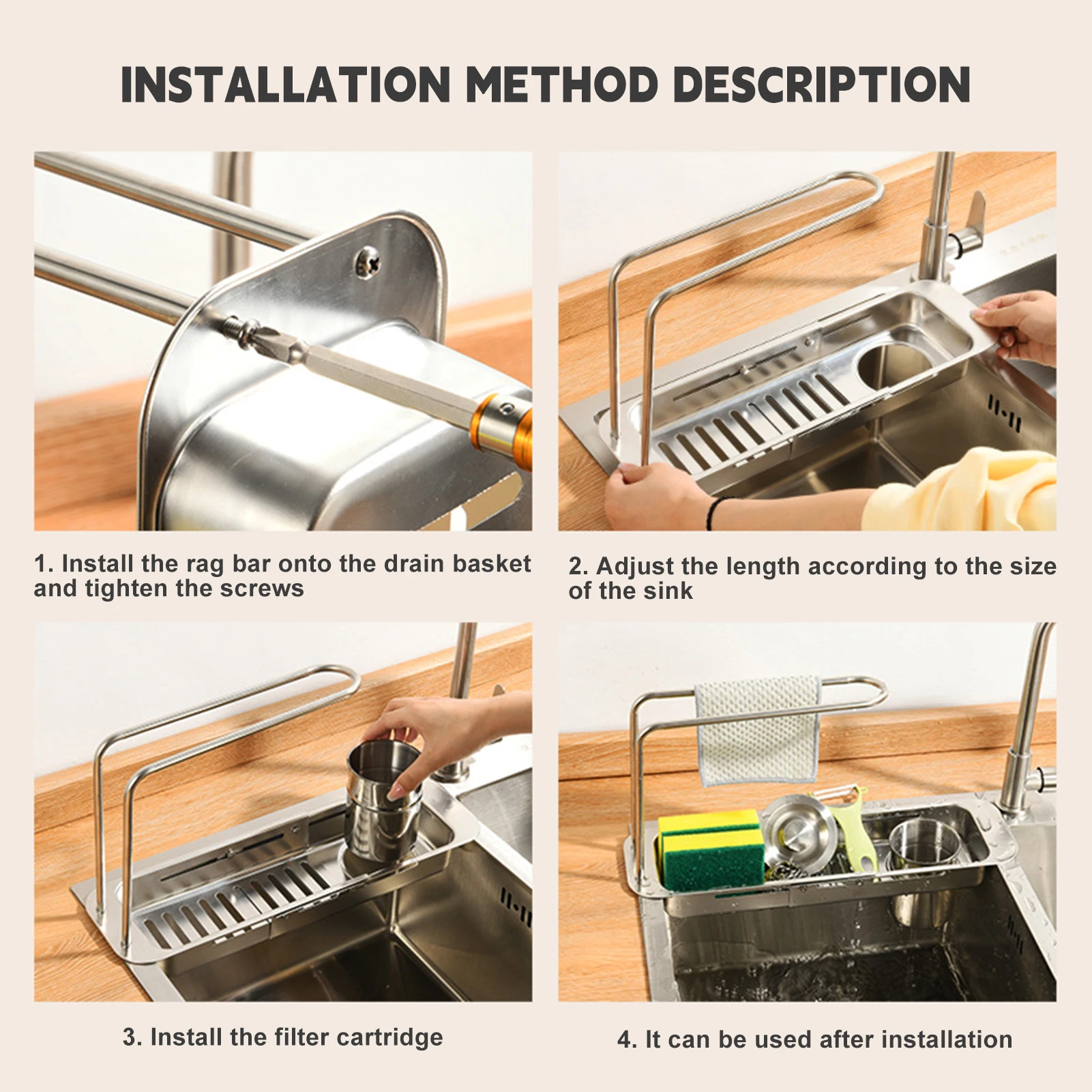 Kitchen Telescopic Sink Organizer Rack Telescopic Faucet Organizer for Soap Towel Sponge Storage Adjustable Shelf Storage Rack