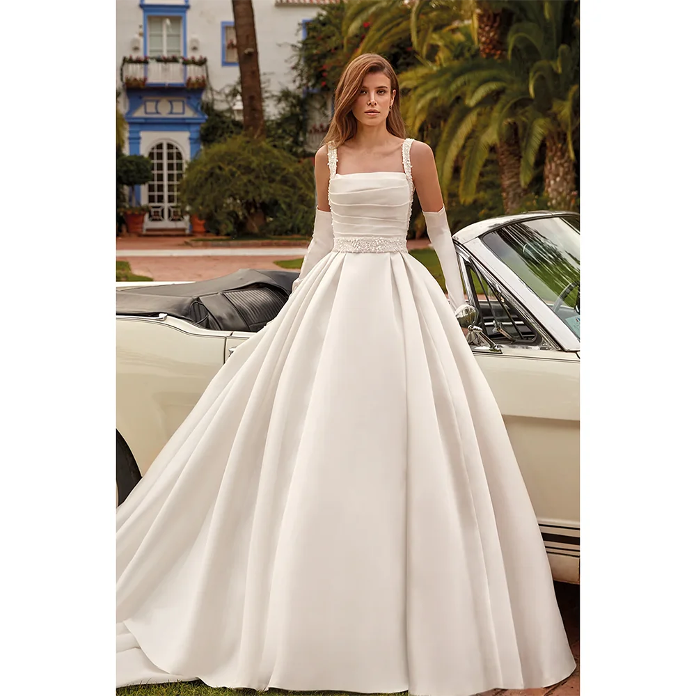 Modern Wedding Dress for Woman Bride Customized Square Neck Sleeveless Beading Pearls A Line Sweep Train Bridal Gown