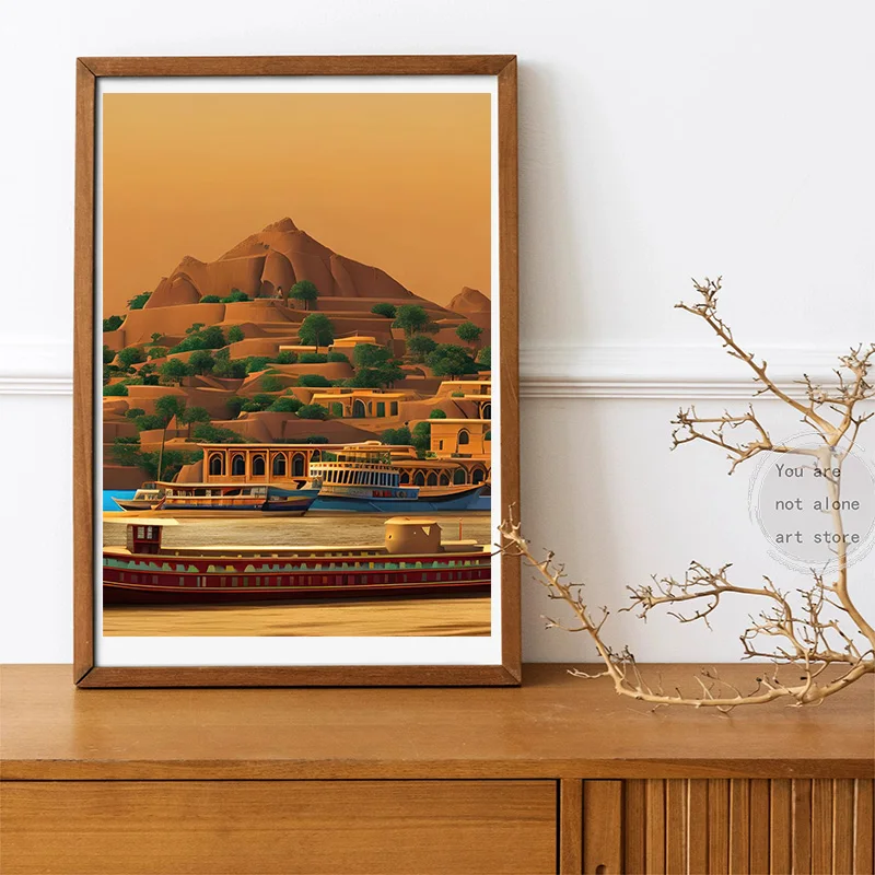 Retro Egypt Landscape Aswan on The Nile Egyptian Pyramids Art Poster Canvas Painting Wall Prints Picture for Room Home Decor