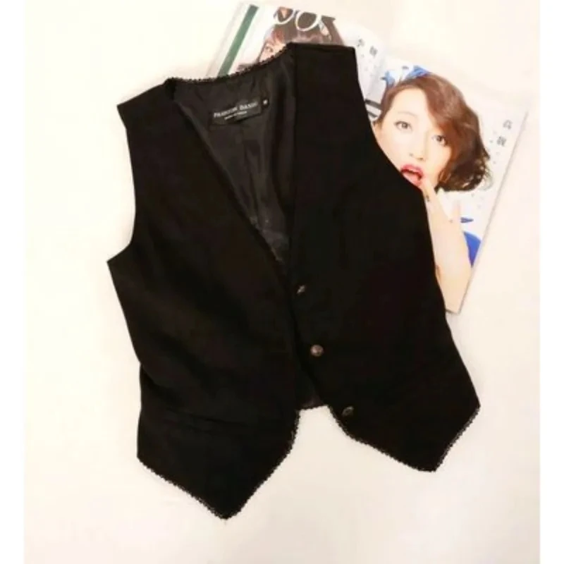 Woman’s Vest Black V Neck Suede Elegant OL Waistcoat Vintage 3 Buttons Business Slim Fit Women Vest Office Formal Work Wear