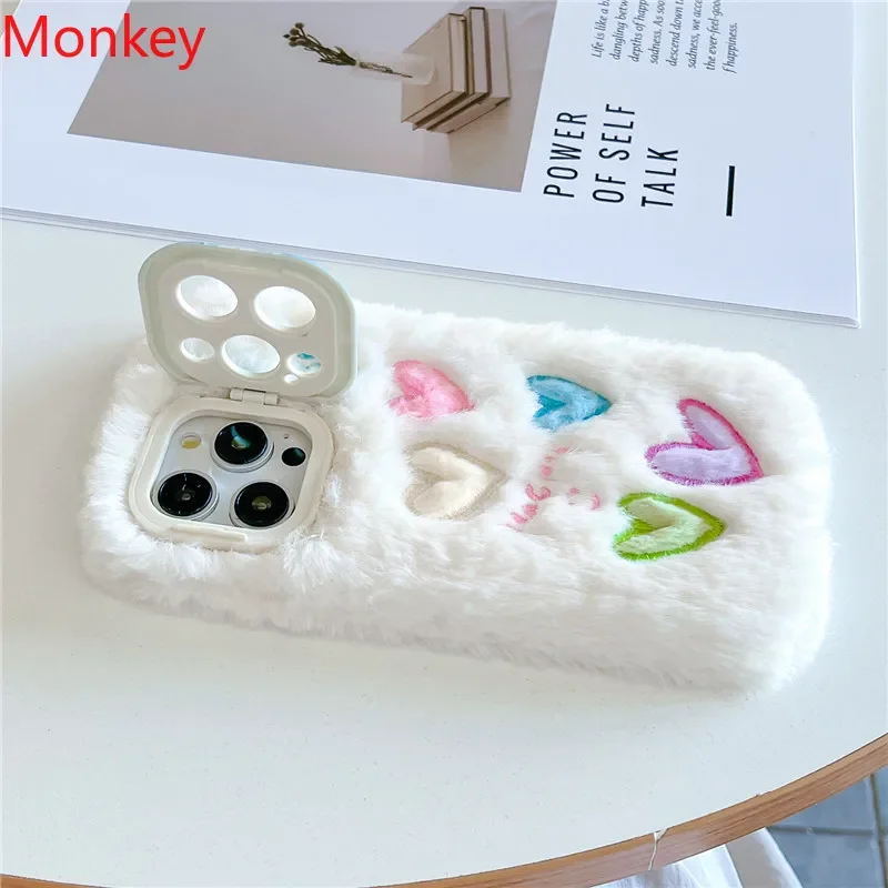 Fur Embroidered Loves Heart Word Camera Lens Soft Phone Holder Cases For iPhone 16 Plus 15 Pro Max 14 13 12 11 Furry Cute Shell