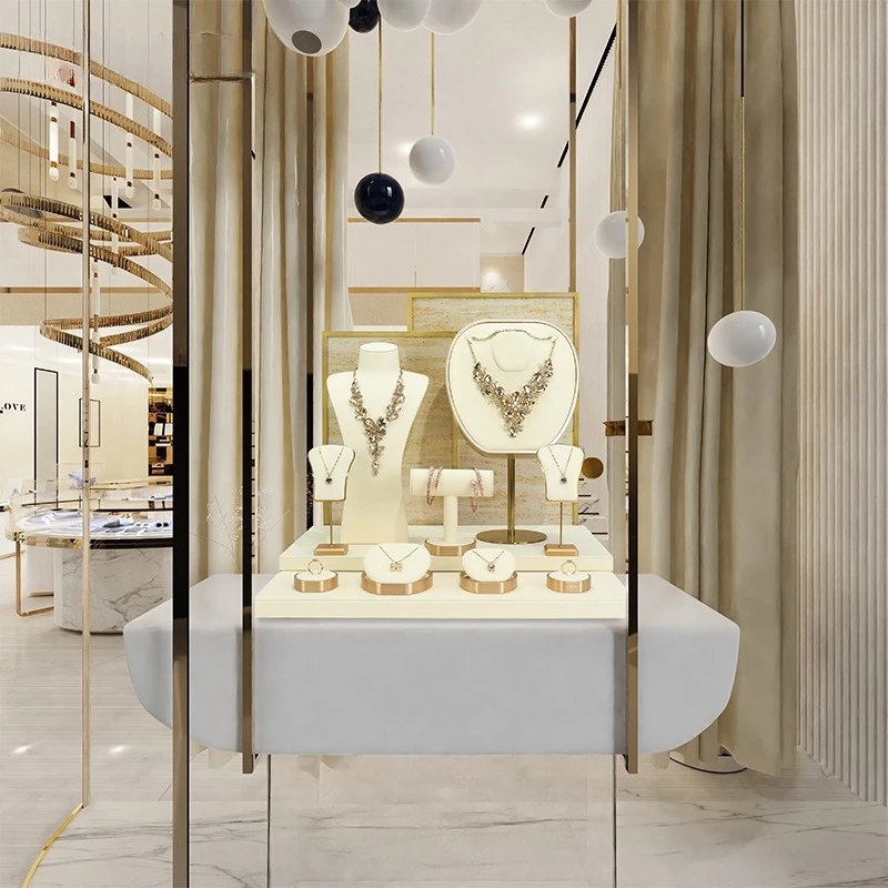 Ultra-fine jewelry display props, beige jewelry window counter, jewelry display stand, necklace, ring and earrings stand