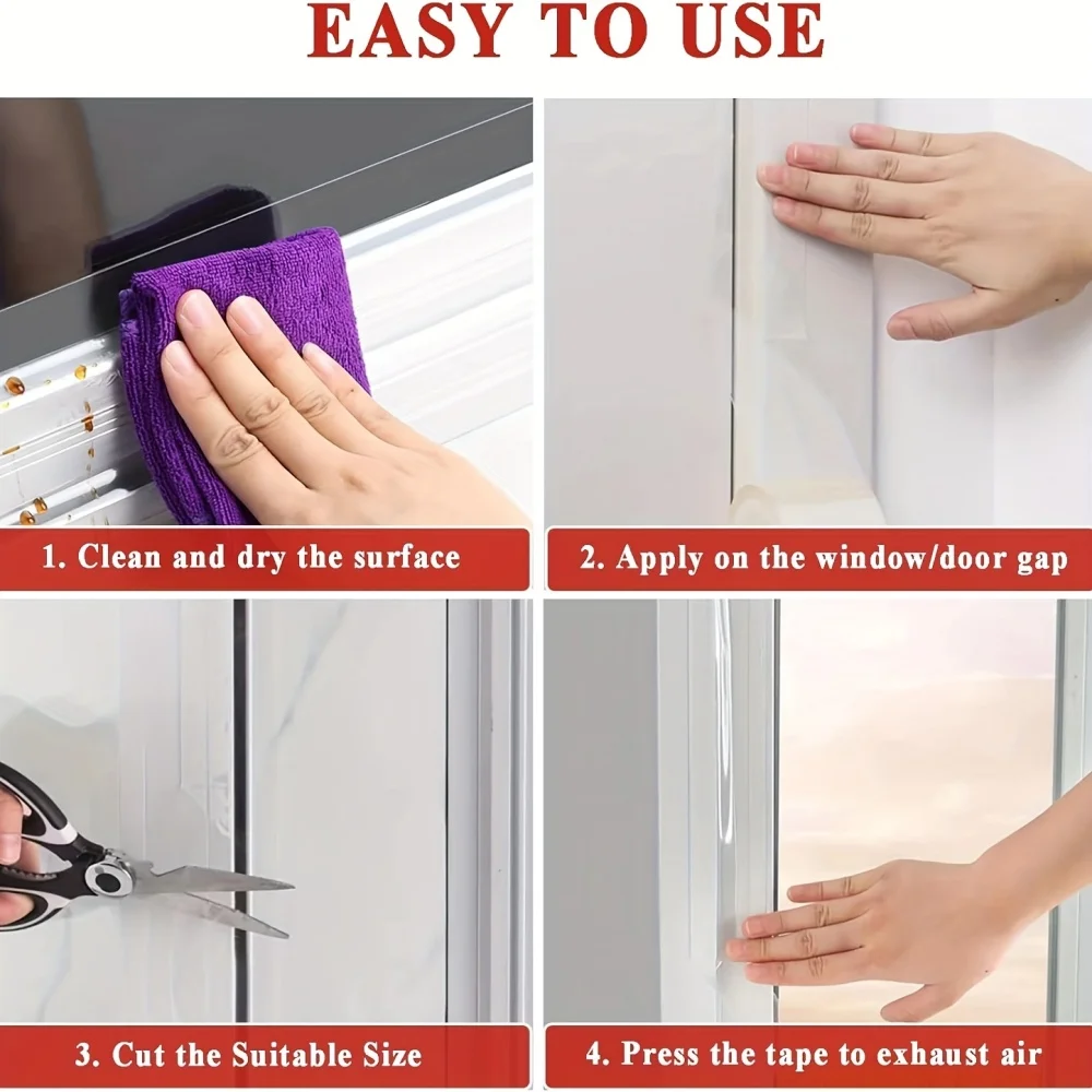 شريط عزل نافذة شفاف مقاوم للرياح، شريط عزل نافذة شفاف مقاوم للرياح بطول 2 بوصة × 65 قدم، لمنع الغرفة
