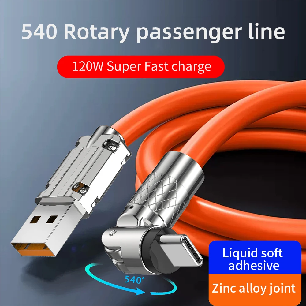 120W Fast Charge USB Type C Cable 540 Degree Rotation Elbow Cable for Game for Xiaomi Redmi Honor Samsung Phone Charge Data Cord