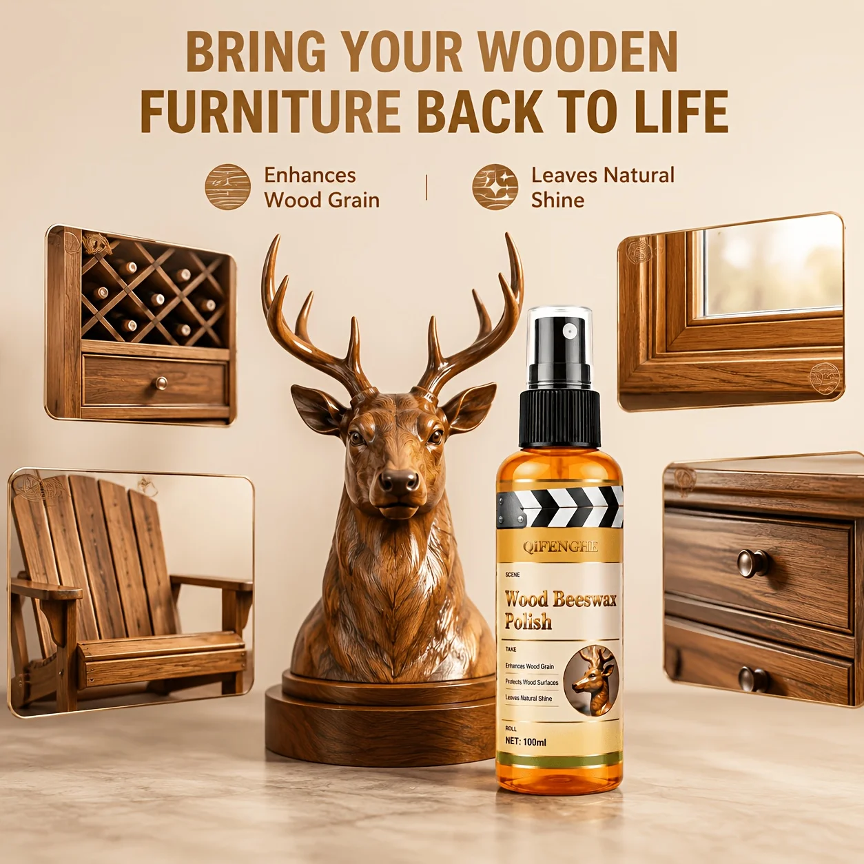 Wood Beeswax Polish Spray Cleaner Revitalize Aged Furniture And Form a Protective Seal Against Dirt for Wooden Deer Head Statues