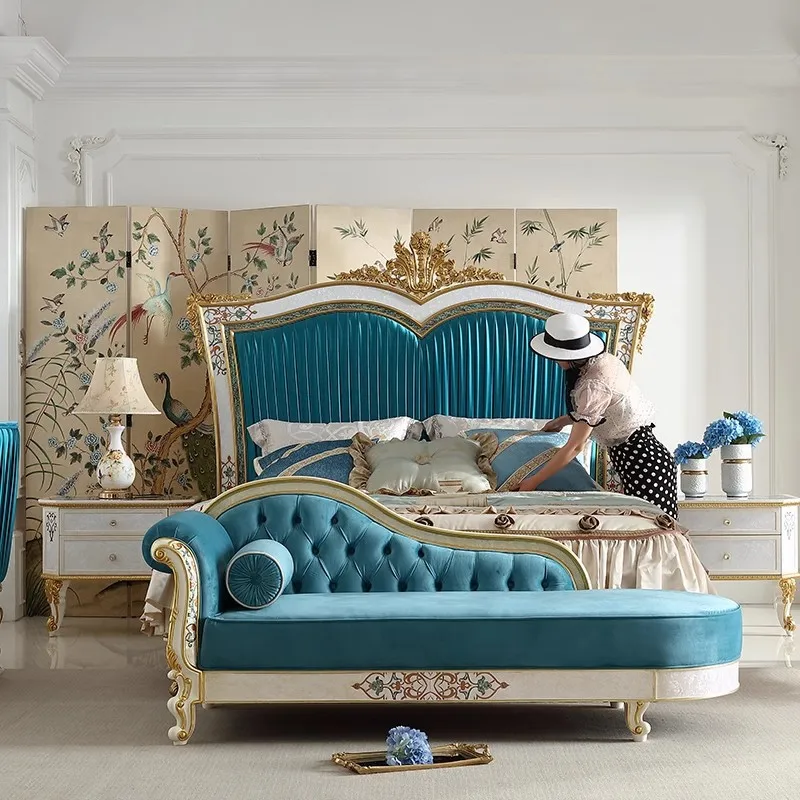 French Solid Wood Carving Flower Double Bed European Court Luxury Villa Bedroom 1.8 Meters Wedding  Princess  Shell