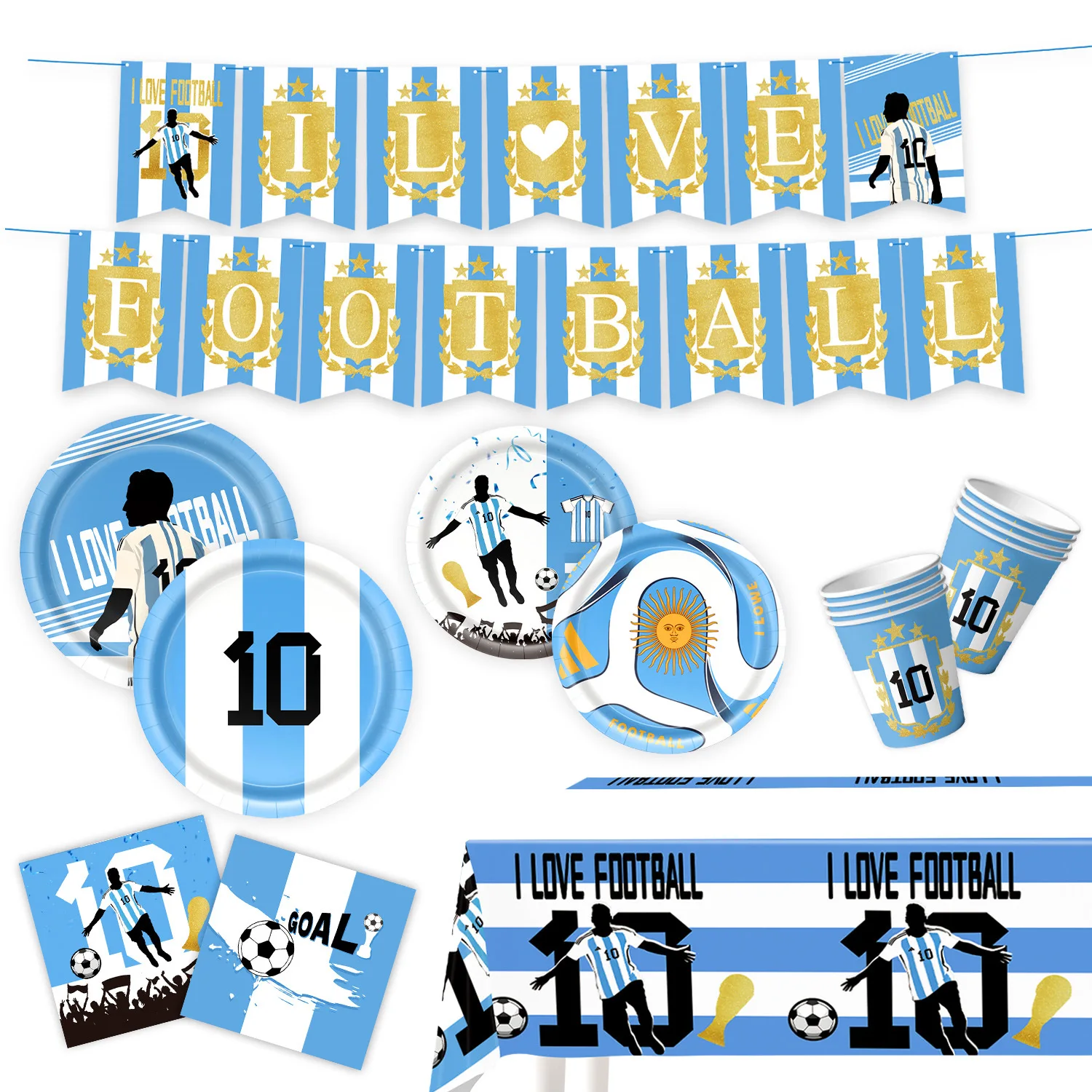

Football Birthday Party Decoration Disposable Plates Cups Napkin Tablecloth Soccer Backdrop Argentine Superstar Party Supplies